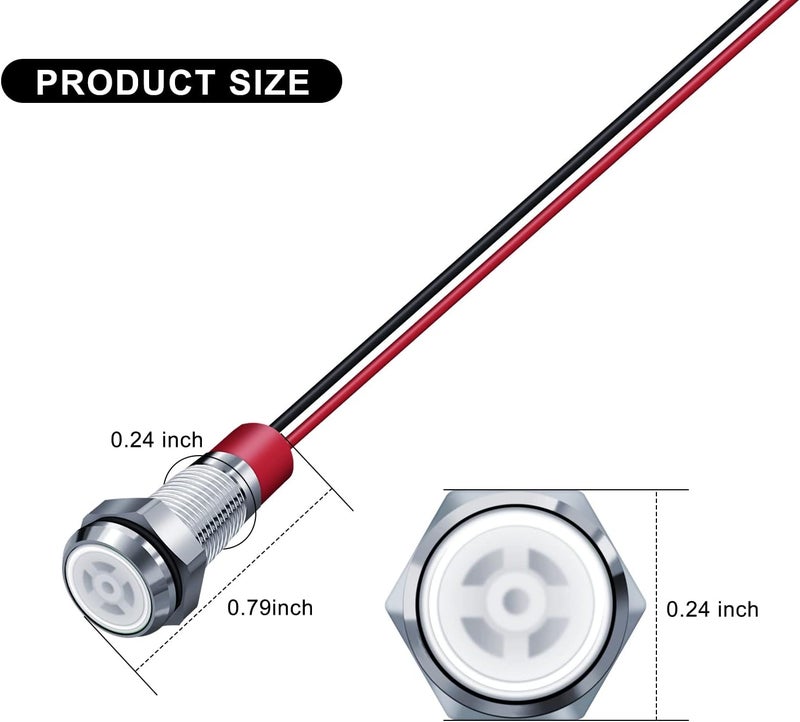 FICOLPO 10 Pcs LED Metal Waterproof Indicator Light, 12-24V 1/4'' Mounting Hole Pre-Wired Pilot Signal Light for Car, Trucks, Boats, Marine, Dash, Industrial Electricity (White, 6mm) - Image 3